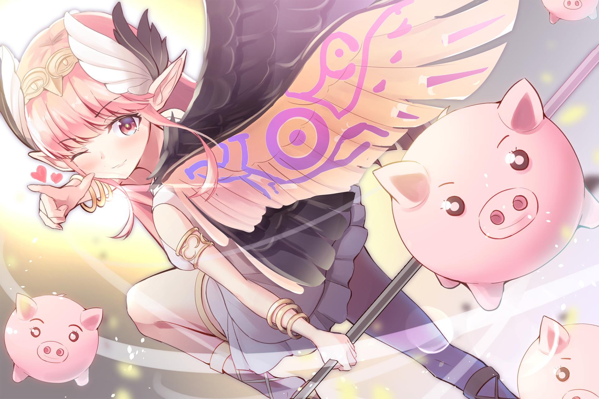 HD PC desktop wallpaper featuring Circe and Caster from Fate/Grand Order, depicted in vibrant anime style with soft pastel colors and floating pig balloons.