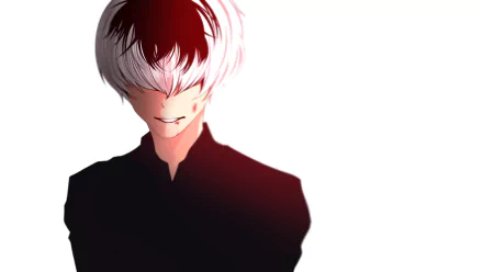 HD desktop wallpaper featuring Haise Sasaki from Tokyo Ghoul √A and Tokyo Ghoul:re. The anime character has a striking two-toned hair and a mysterious smile, set against a minimalist white background.