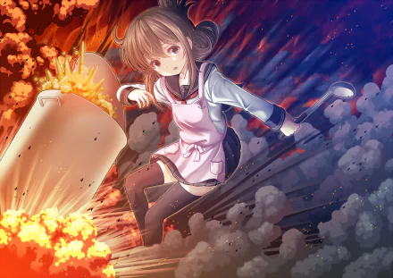 HD PC desktop wallpaper featuring Inazuma from Kantai Collection (Kancolle) anime, depicted amidst an intense explosion with dynamic lighting and detailed background.