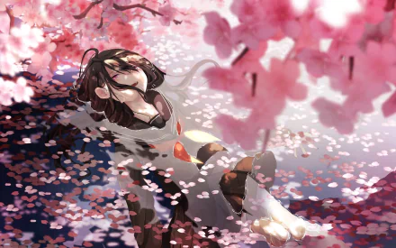 HD anime original desktop wallpaper featuring a serene girl with dark hair surrounded by vibrant pink cherry blossom petals floating in the air and on water.