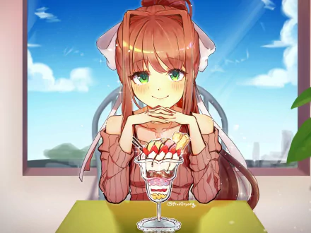 HD desktop wallpaper of Monika from the video game Doki Doki Literature Club!, sitting in front of a dessert with her hands clasped under her chin and a bright sky visible through the window behind her.