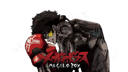 HD desktop wallpaper featuring Joe from the anime Megalo Box, showcasing his intense gaze and red boxing gloves, with the Megalo Box logo in the foreground.