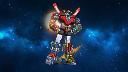 HD comic-style Voltron robot stands heroically against a vibrant starry space background, designed as a PC desktop wallpaper.