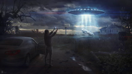 A high-definition Sci-Fi wallpaper depicting an abduction scene with a UFO beaming light down from the clouds, an alien figure, a deserted road, and a person taking a photo in the foreground.