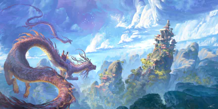 Fantasy HD desktop wallpaper featuring a majestic dragon soaring through the clouds with a towering mountain and temple in the background under a vibrant sky.