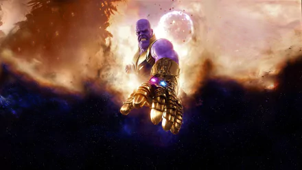 HD desktop wallpaper featuring Thanos from the movie Avengers: Infinity War, showcasing the powerful character in a cosmic background with an extended Infinity Gauntlet.