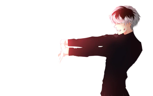 HD desktop wallpaper featuring Ken Kaneki from Tokyo Ghoul, also known as Haise Sasaki in Tokyo Ghoul:re. He has two-toned hair, with black and white colors, and is shown in a dynamic pose on a white background.