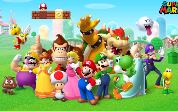 HD desktop wallpaper featuring characters from the video game Super Mario Bros. including Mario, Luigi, Princess Peach, Bowser, and Yoshi, set against a vibrant background with Super Mario elements.