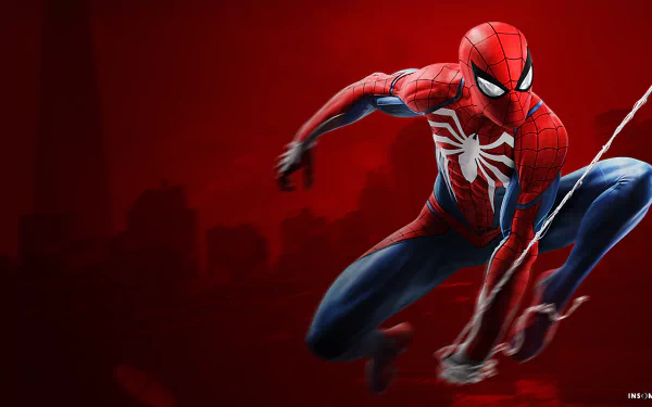 An HD desktop wallpaper featuring Spider-Man from the Spider-Man (PS4) video game, set against a red background with a faint city skyline. Spider-Man is depicted in action, swinging on a web.