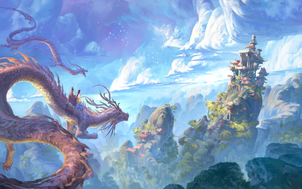 Fantasy HD desktop wallpaper featuring a majestic dragon soaring through the clouds with a towering mountain and temple in the background under a vibrant sky.