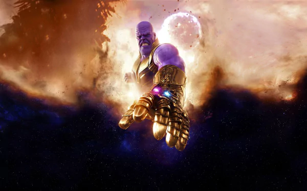 HD desktop wallpaper featuring Thanos from the movie Avengers: Infinity War, showcasing the powerful character in a cosmic background with an extended Infinity Gauntlet.