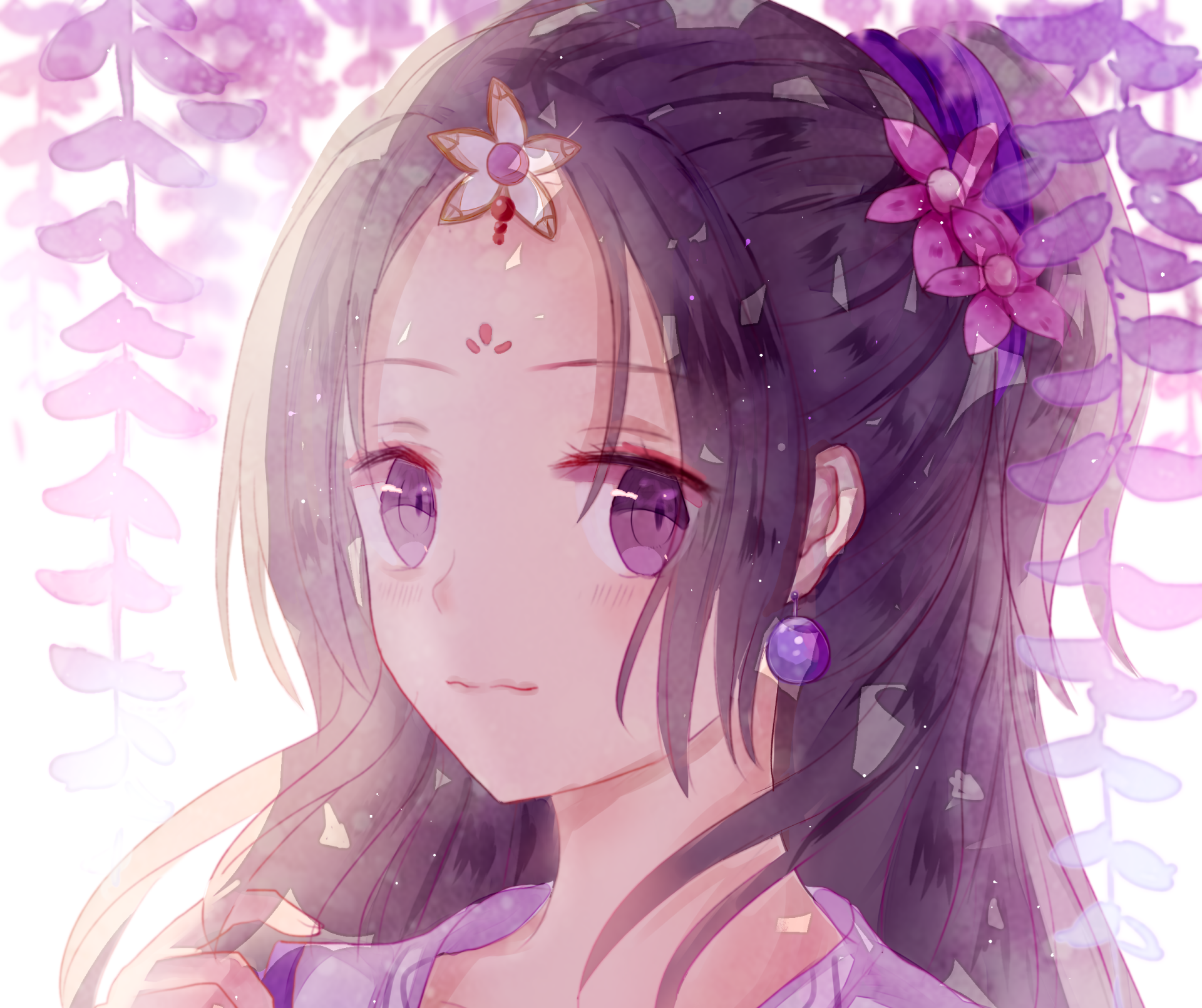 Anime-style HD desktop wallpaper featuring a character with long black hair, purple eyes, floral hair accessories, and matching earrings against a soft purple floral background.