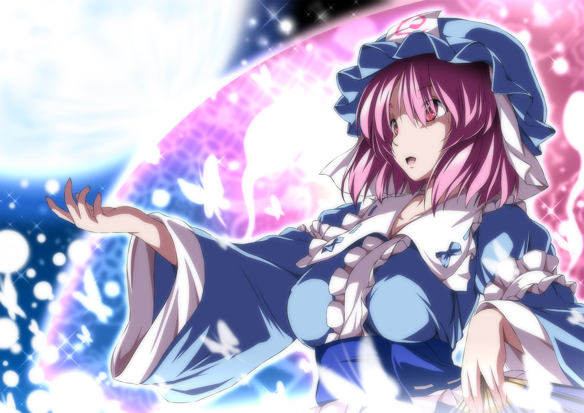 HD PC desktop wallpaper featuring Yuyuko Saigyouji from the Touhou anime series, depicted with a mystical moonlit background and butterflies.