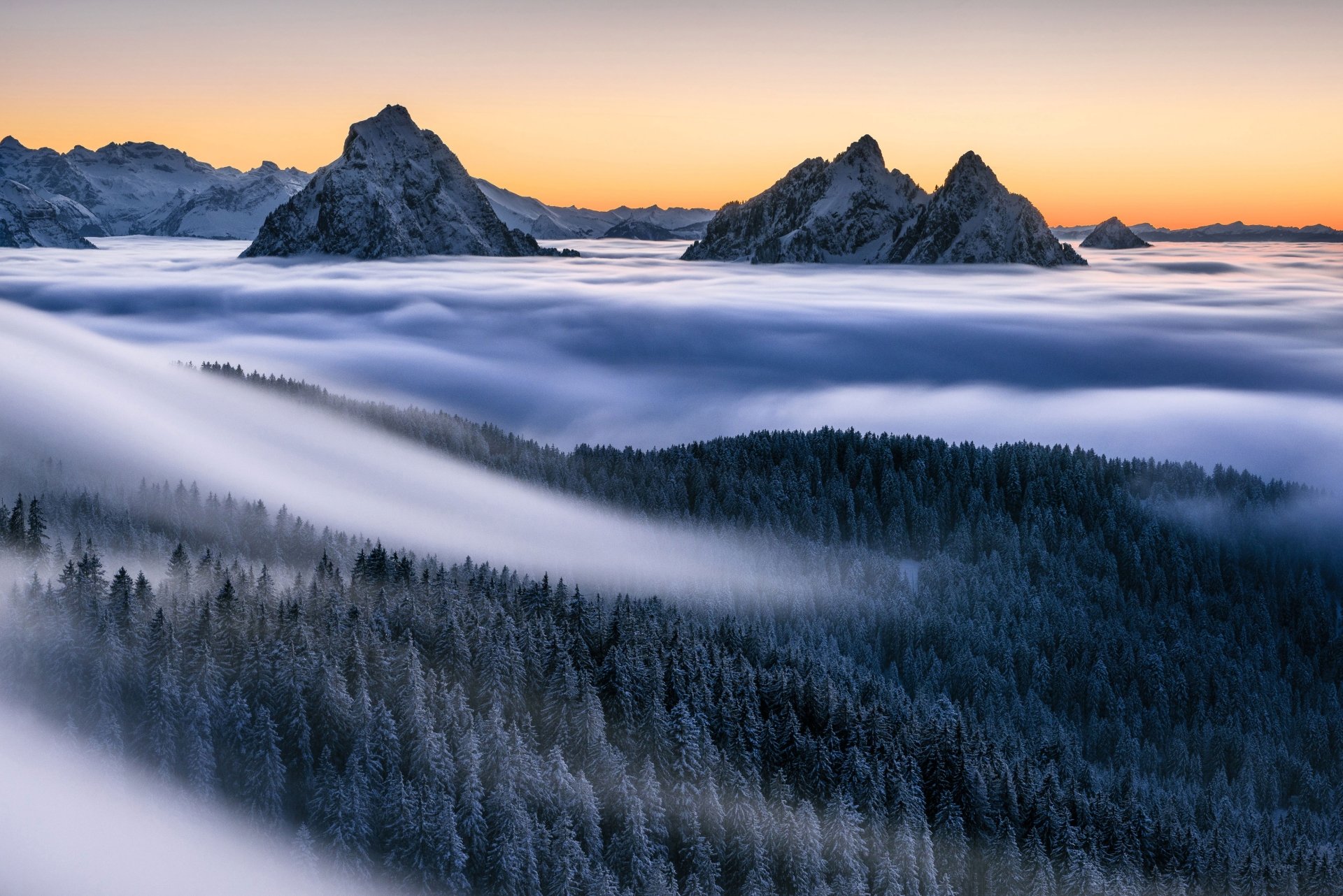 A stunning HD wallpaper showing a sunrise over a foggy forest with majestic mountains in the background, creating a serene nature landscape.