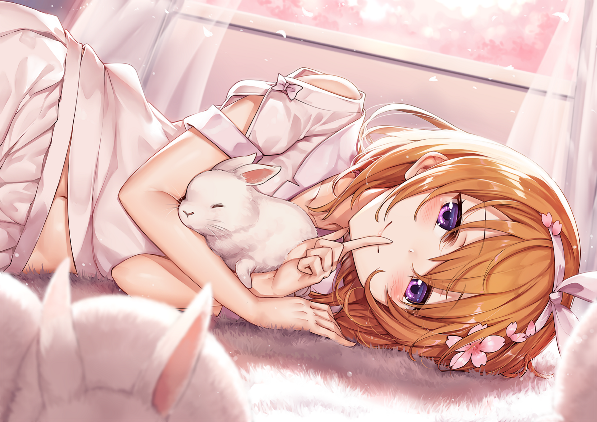 Anime HD wallpaper featuring Kokoa Hoto from Is the Order a Rabbit lying down with a white rabbit, highlighting her purple eyes and soft, pastel surroundings.