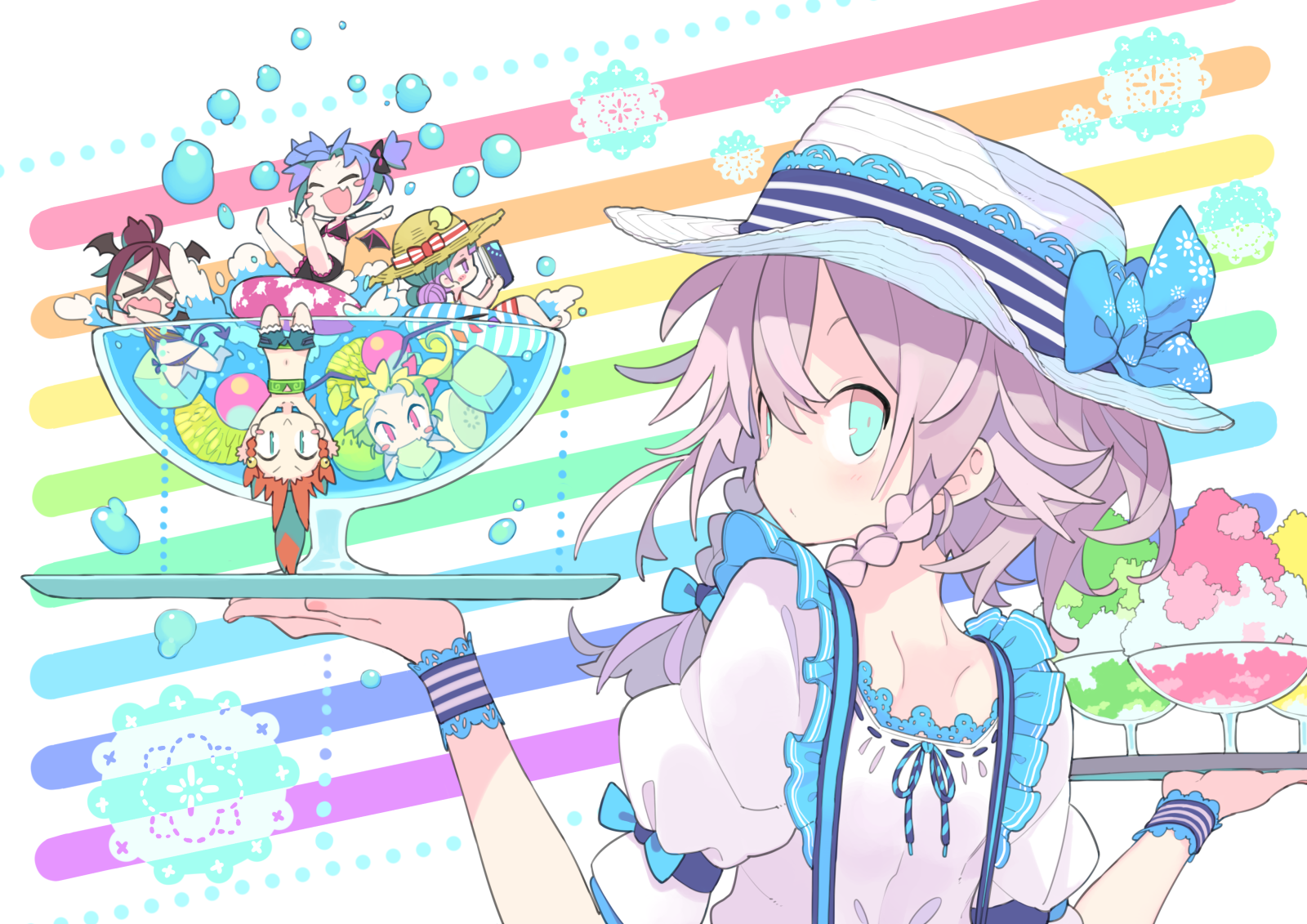 HD PC desktop wallpaper background: pastel anime girl in a sunhat holds a tray of colorful parfaits with tiny chibi figures, set against diagonal rainbow stripes and floating bubbles.