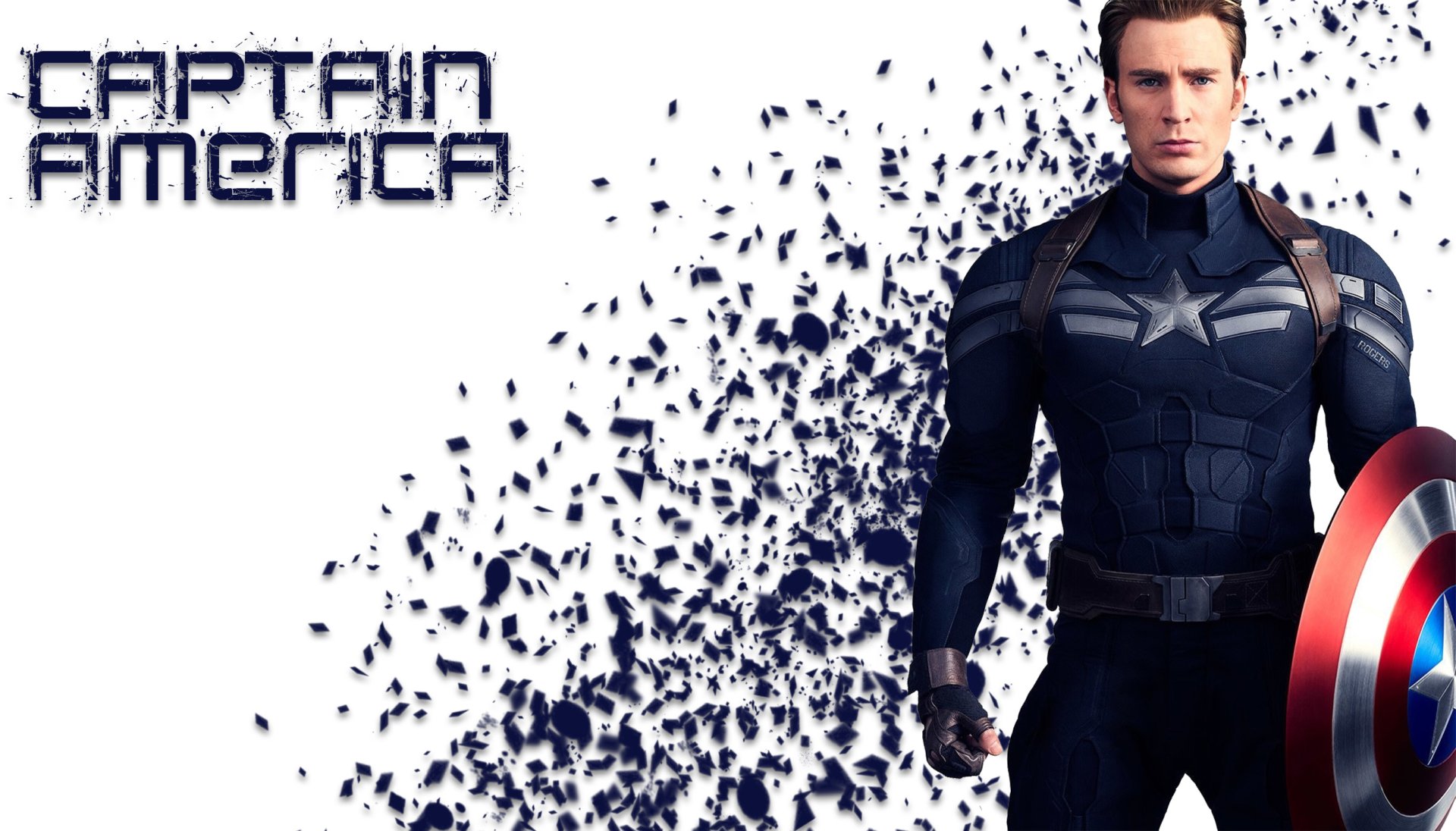 HD PC desktop wallpaper featuring Chris Evans as Captain America from the movie Avengers: Infinity War with a fragmented design effect on a white background.