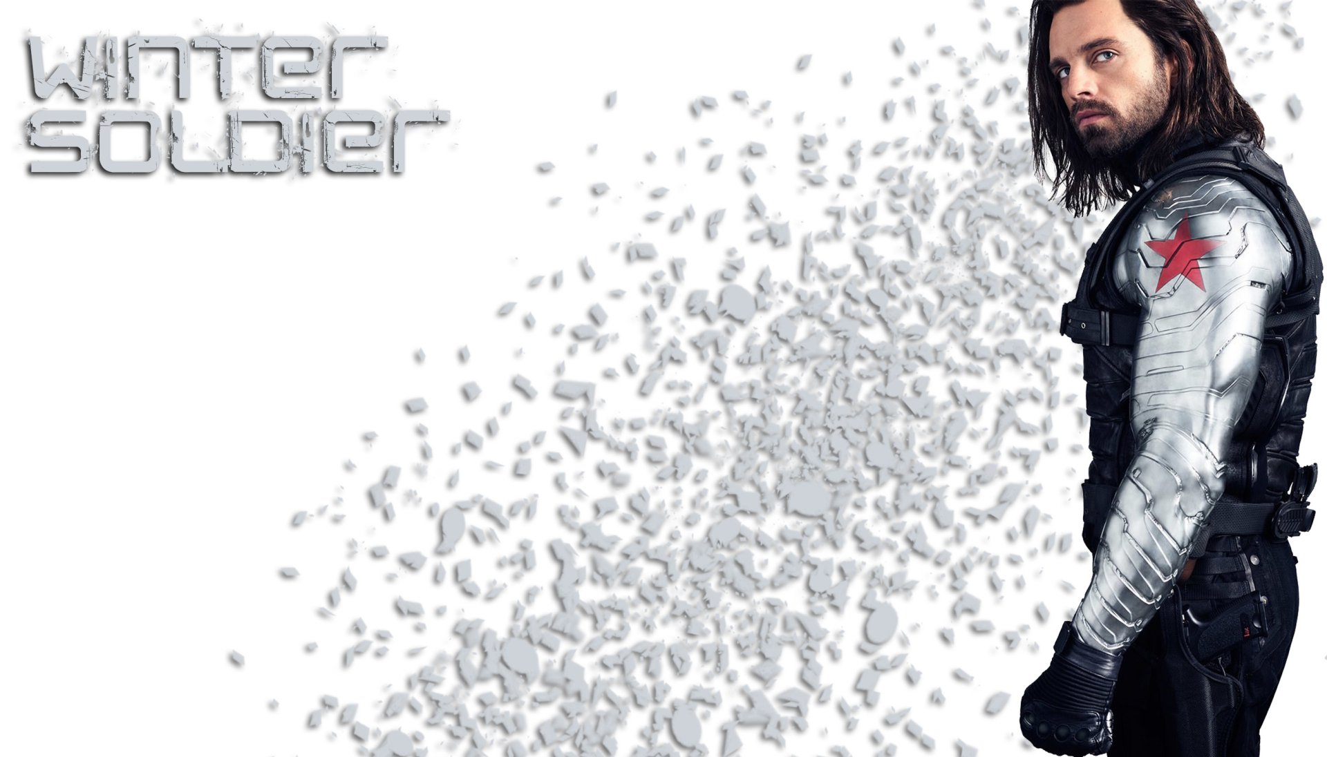 HD PC desktop wallpaper featuring Sebastian Stan as Winter Soldier from Avengers: Infinity War, with a fragmented white background and bold text.