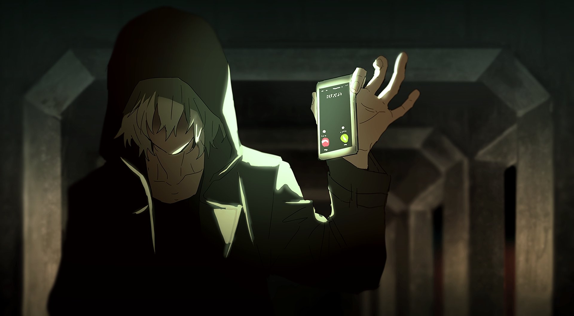 HD PC desktop wallpaper of Tomura Shigaraki from My Hero Academia, featuring a dark, intense anime scene with him holding a glowing phone.