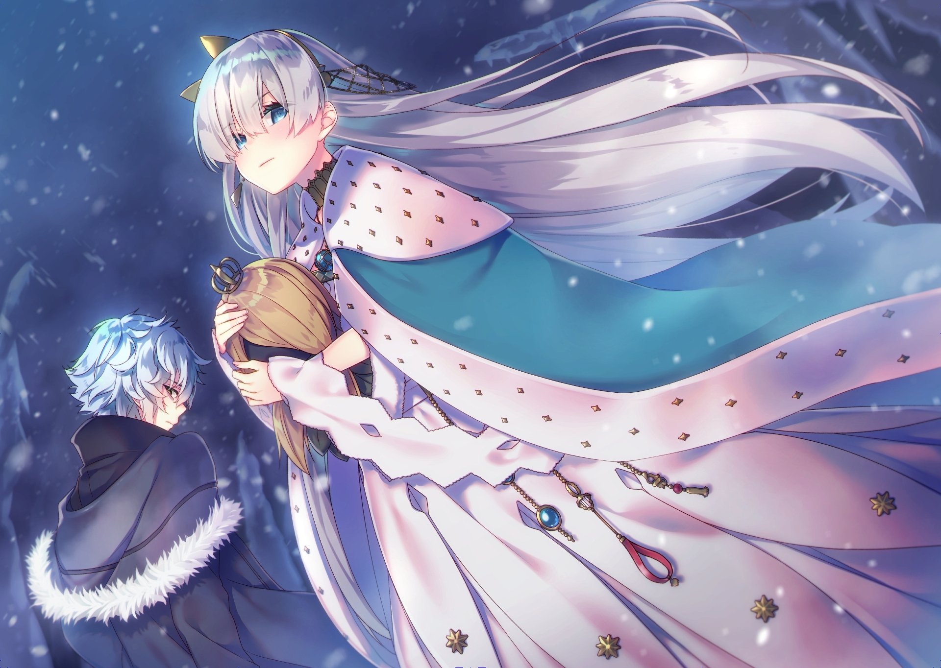 HD PC desktop wallpaper featuring Kadoc Zemlupus and Anastasia from Fate/Grand Order in an anime-style winter scene.