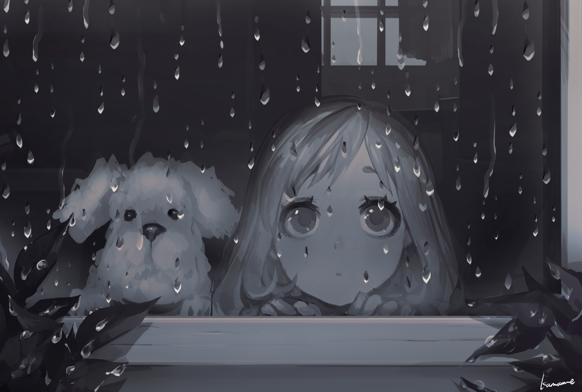 Anime-style HD wallpaper depicts a short-haired, grey-eyed person with a grey-haired dog, both gazing out a window on a rainy night.
