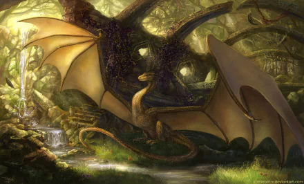 HD fantasy PC wallpaper showcasing a majestic dragon resting among ancient ruins bathed in golden light.