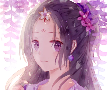 Anime-style HD desktop wallpaper featuring a character with long black hair, purple eyes, floral hair accessories, and matching earrings against a soft purple floral background.