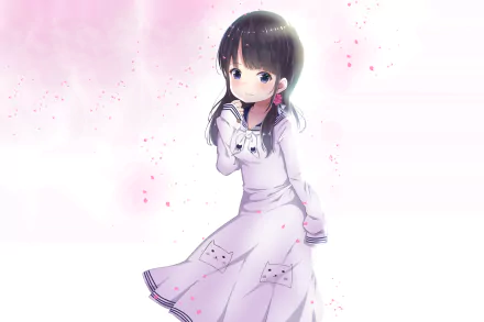 HD anime-style original illustration of a young girl in a white dress with cat motifs, set against a soft pink background, designed as a PC desktop wallpaper.