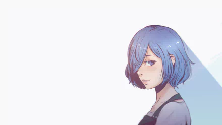 HD anime desktop wallpaper featuring Touka Kirishima with short blue hair from Tokyo Ghoul, depicted in a minimalist style against a light background.