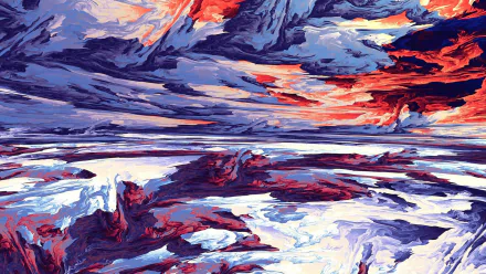 Abstract digital art showcasing a vivid, swirling landscape in bold blue, red, and white tones, designed as a high-definition PC desktop wallpaper and background.