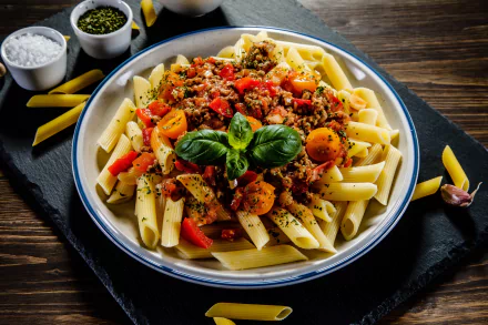 A vibrant still life of a pasta meal topped with rich tomato sauce, garnished with fresh basil, set against a rustic wooden background in 4K Ultra HD detail.