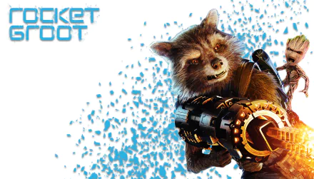 HD PC desktop wallpaper featuring Rocket Raccoon and Groot from the movie Avengers: Infinity War with dynamic blue pixelated background.