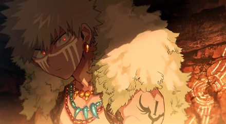 HD desktop wallpaper featuring Katsuki Bakugou from My Hero Academia. The character, adorned with tribal-like paint and jewelry, stands against a dramatic, shadowy background.