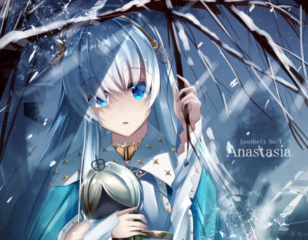 HD PC desktop wallpaper featuring Anastasia from Fate/Grand Order in detailed anime style, holding an umbrella in a rainy scene with vibrant blue tones.