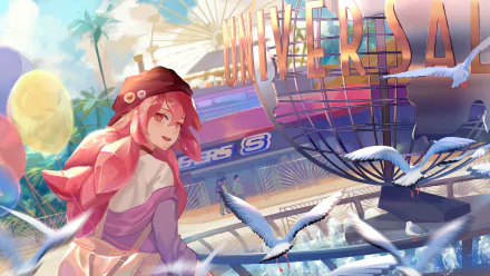 HD PC desktop wallpaper featuring Morganite from the anime Land of the Lustrous, set against the iconic Universal globe with seagulls and a bright sky.