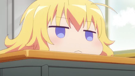 HD anime wallpaper of Gabriel Tenma White from Gabriel DropOut, showing her resting her chin on a desk with a bored expression.