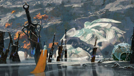 HD desktop wallpaper of swords standing horizontally in a barren landscape, with a dragon skull in the background, tagged with Ionia, League of Legends, sword, and video game.