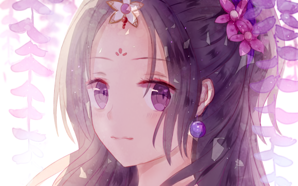 Anime Original Long Hair Black Hair Flower Earrings Purple Eyes HD Wallpaper | Background Image