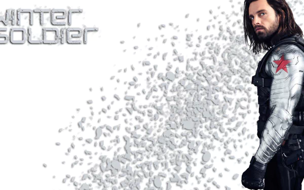 HD PC desktop wallpaper featuring Sebastian Stan as Winter Soldier from Avengers: Infinity War, with a fragmented white background and bold text.