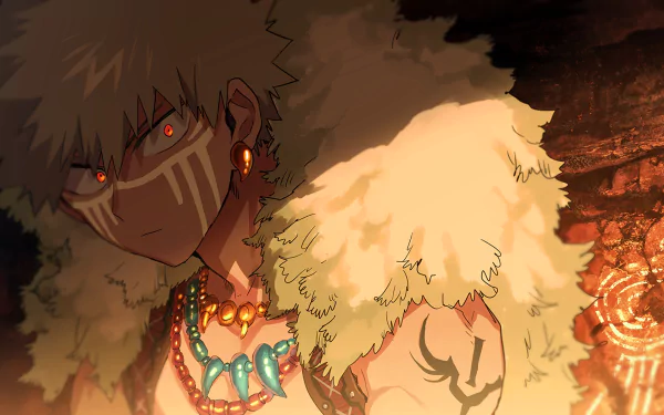 HD desktop wallpaper featuring Katsuki Bakugou from My Hero Academia. The character, adorned with tribal-like paint and jewelry, stands against a dramatic, shadowy background.