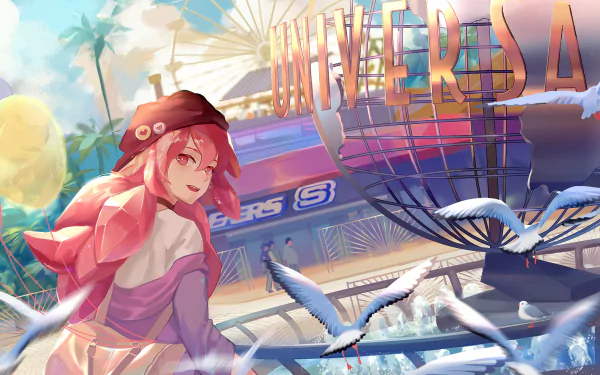 HD PC desktop wallpaper featuring Morganite from the anime Land of the Lustrous, set against the iconic Universal globe with seagulls and a bright sky.