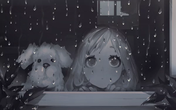 Anime-style HD wallpaper depicts a short-haired, grey-eyed person with a grey-haired dog, both gazing out a window on a rainy night.