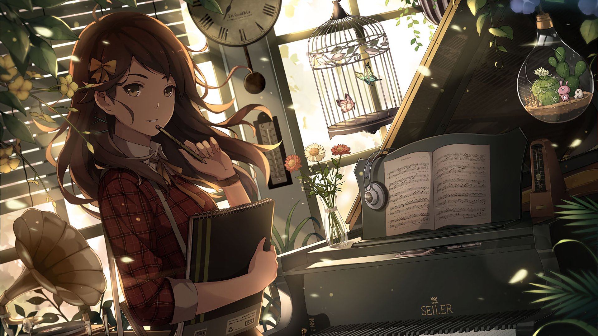 Anime-style HD wallpaper of a brunette with brown eyes holding a pencil and book beside a piano. Butterflies, flowers, and a birdcage are in the background, creating a serene, creative atmosphere.