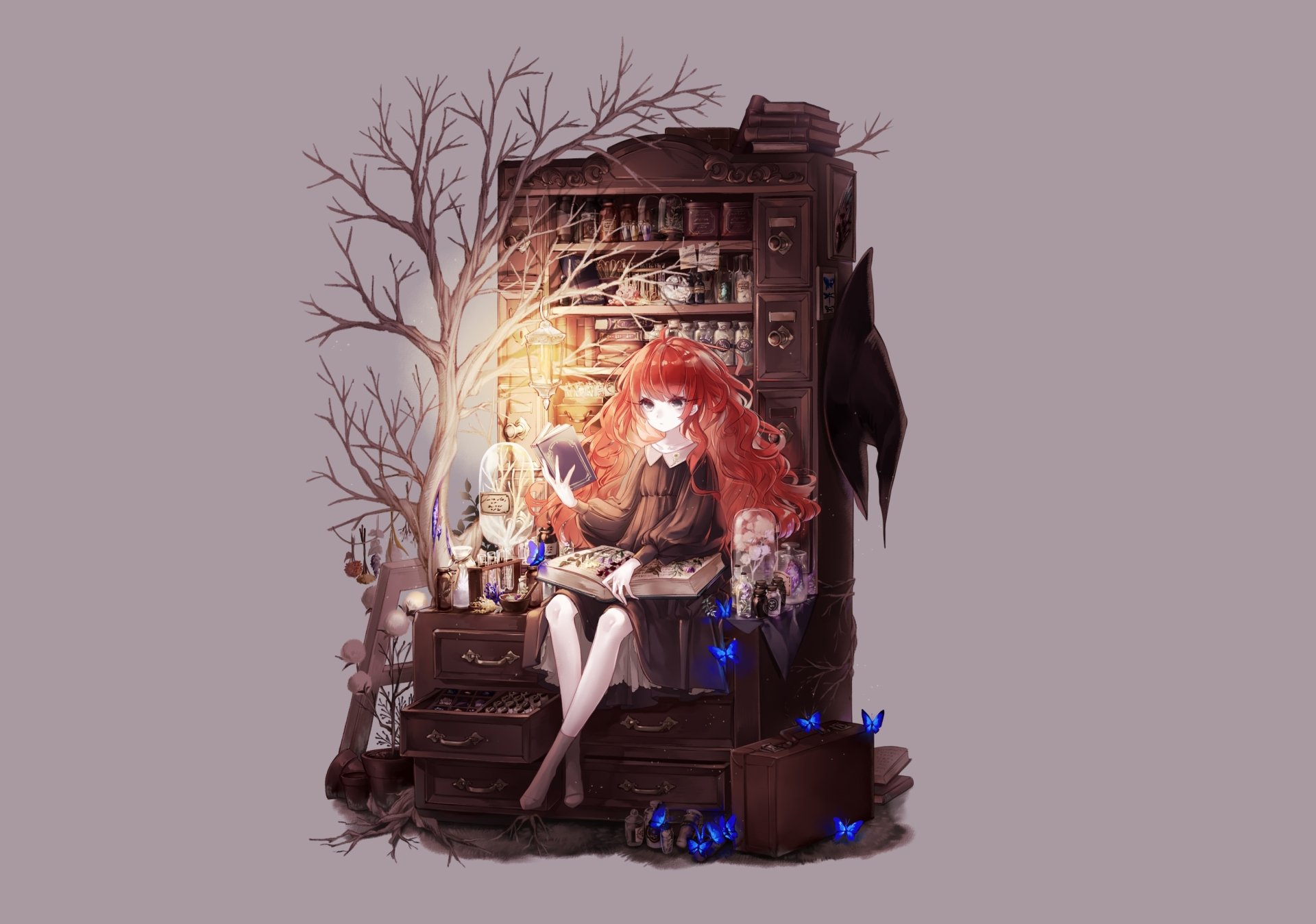 Anime-style HD wallpaper of a red-haired girl with long hair and grey eyes, wearing a hat, sitting by a bookshelf surrounded by butterflies and magical lights.