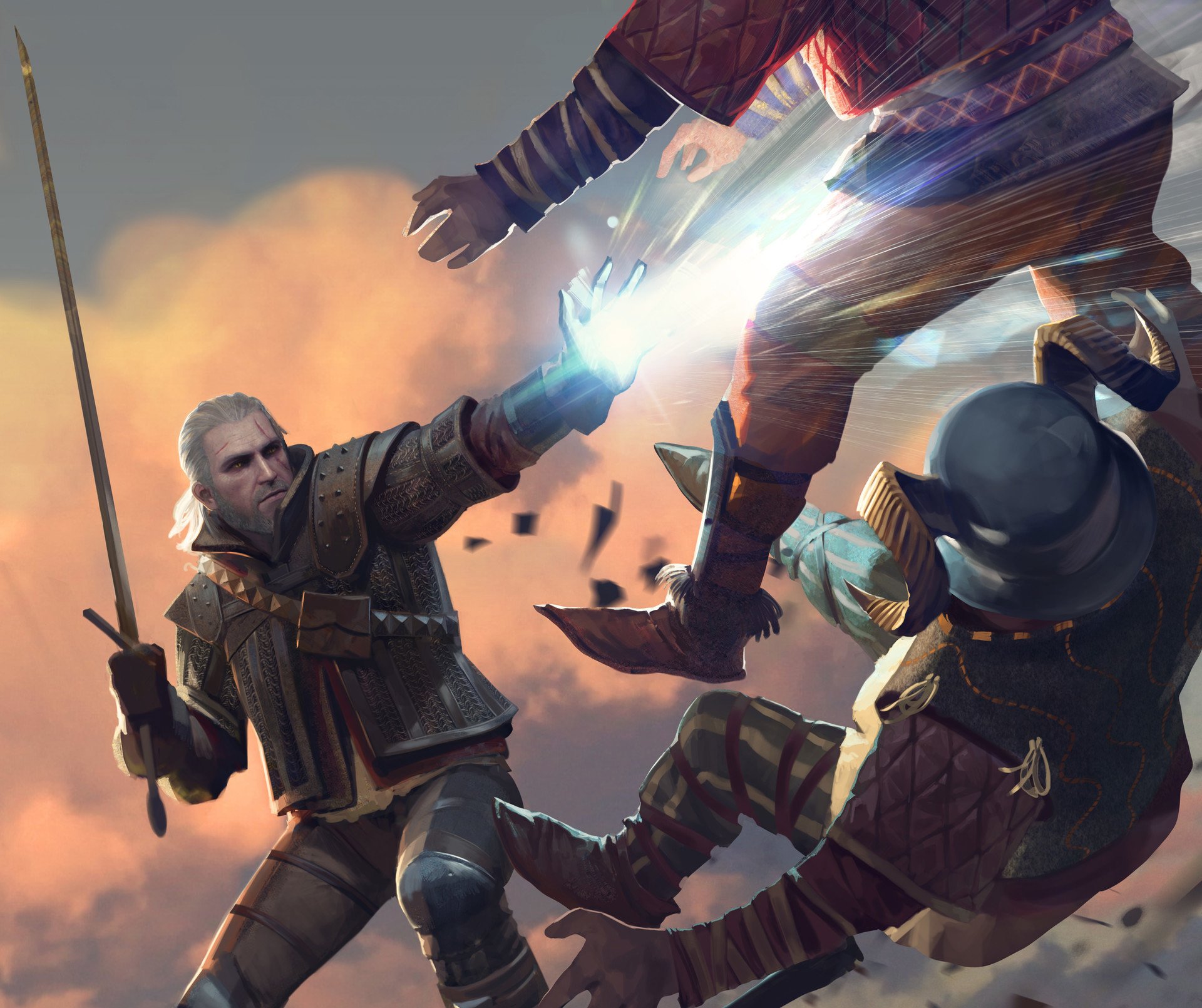 HD PC desktop wallpaper featuring Geralt of Rivia from the video game Gwent: The Witcher Card Game in an intense combat scene.