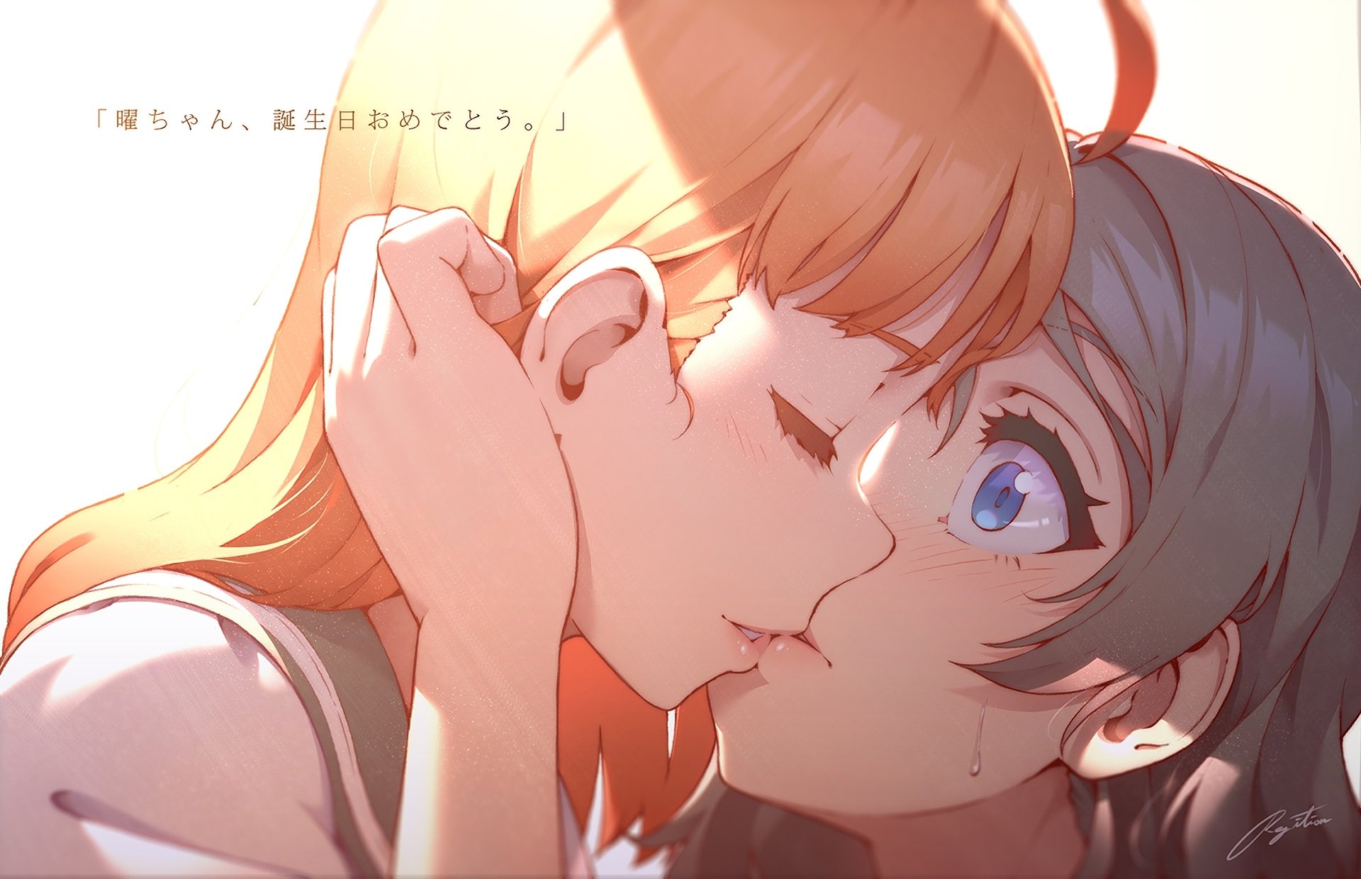 HD anime wallpaper featuring You Watanabe and Chika Takami from Love Live! Sunshine!! sharing an intimate moment.