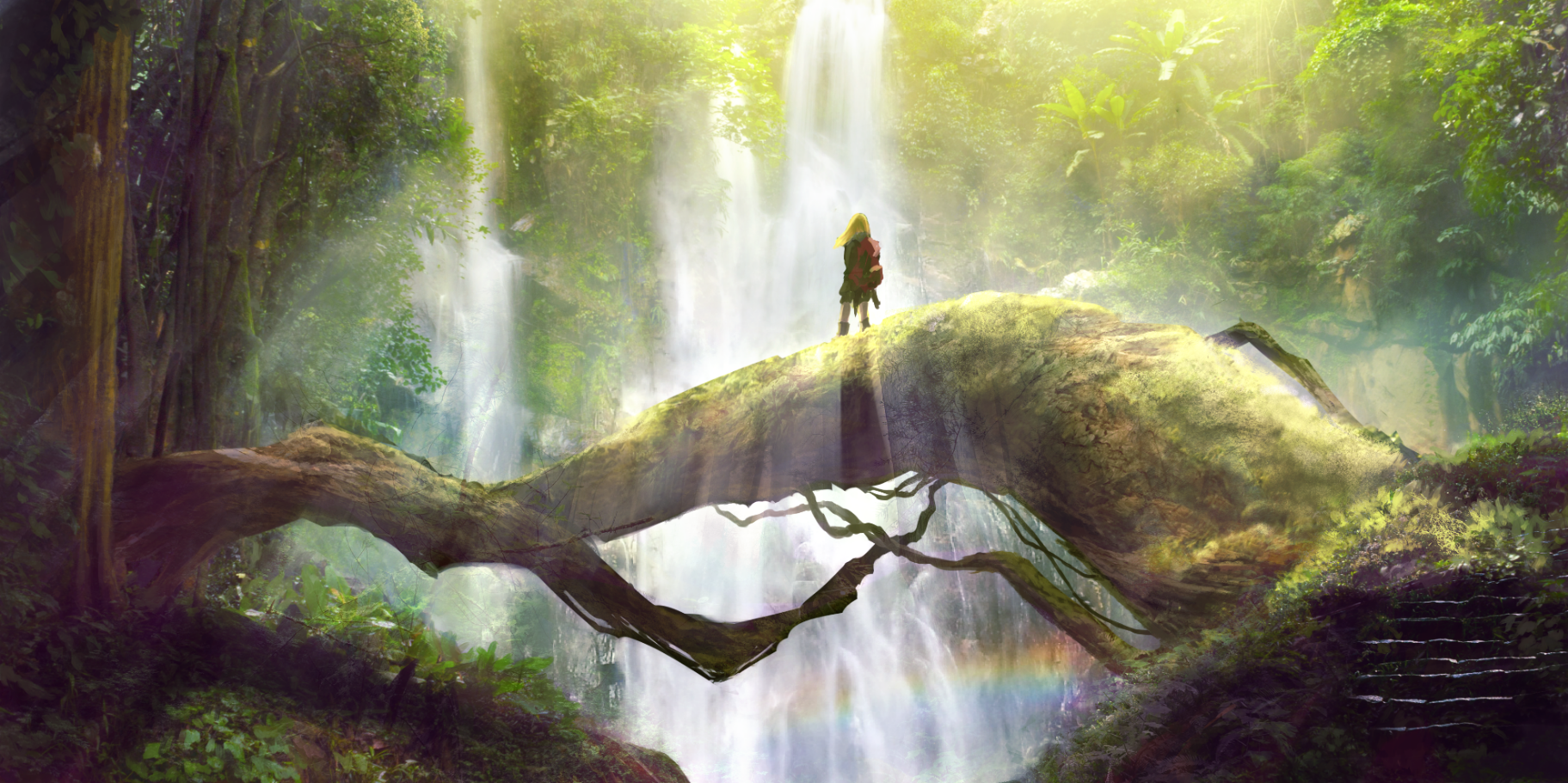 HD anime forest wallpaper featuring a vibrant waterfall cascading below a rainbow, with a lone figure standing on a large moss-covered tree branch amidst lush nature.