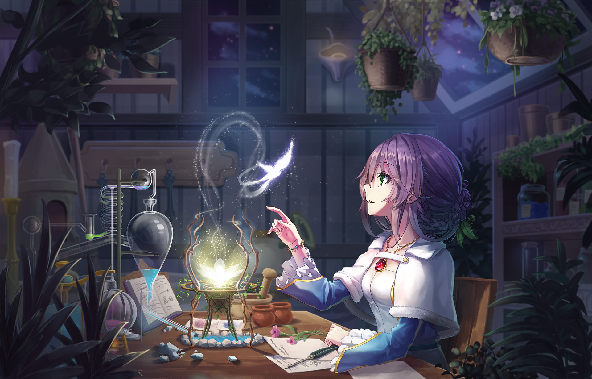 Anime artwork featuring a character with purple hair and green eyes, sitting at a desk with magical elements. The character, with a braid and short hair, interacts with a glowing butterfly in a mystical, night-time setting.