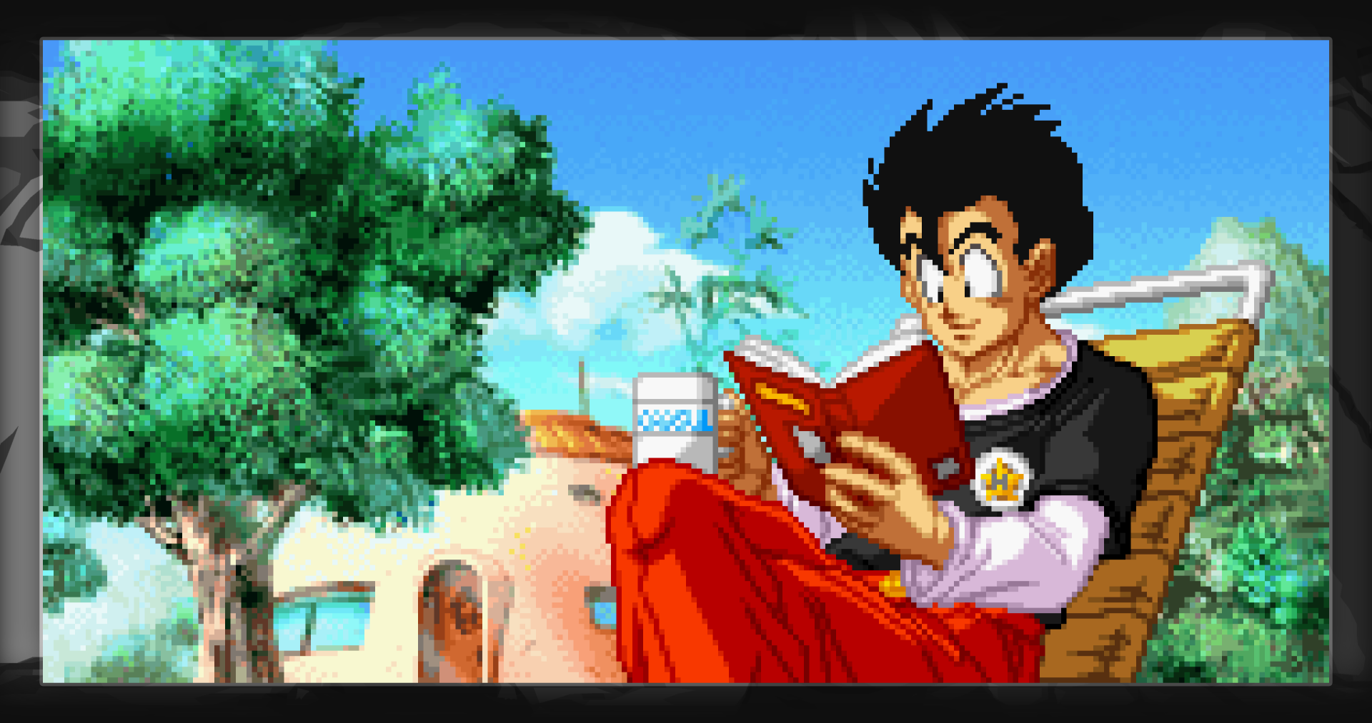 Gohan from Dragon Ball Z reading a book outdoors with trees and buildings in the background, displayed as a 4K Ultra HD anime PC desktop wallpaper.