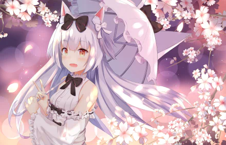 HD desktop wallpaper featuring Yukikaze from Azur Lane. The anime character is surrounded by cherry blossoms, with vibrant lighting and soft colors enhancing the scene.